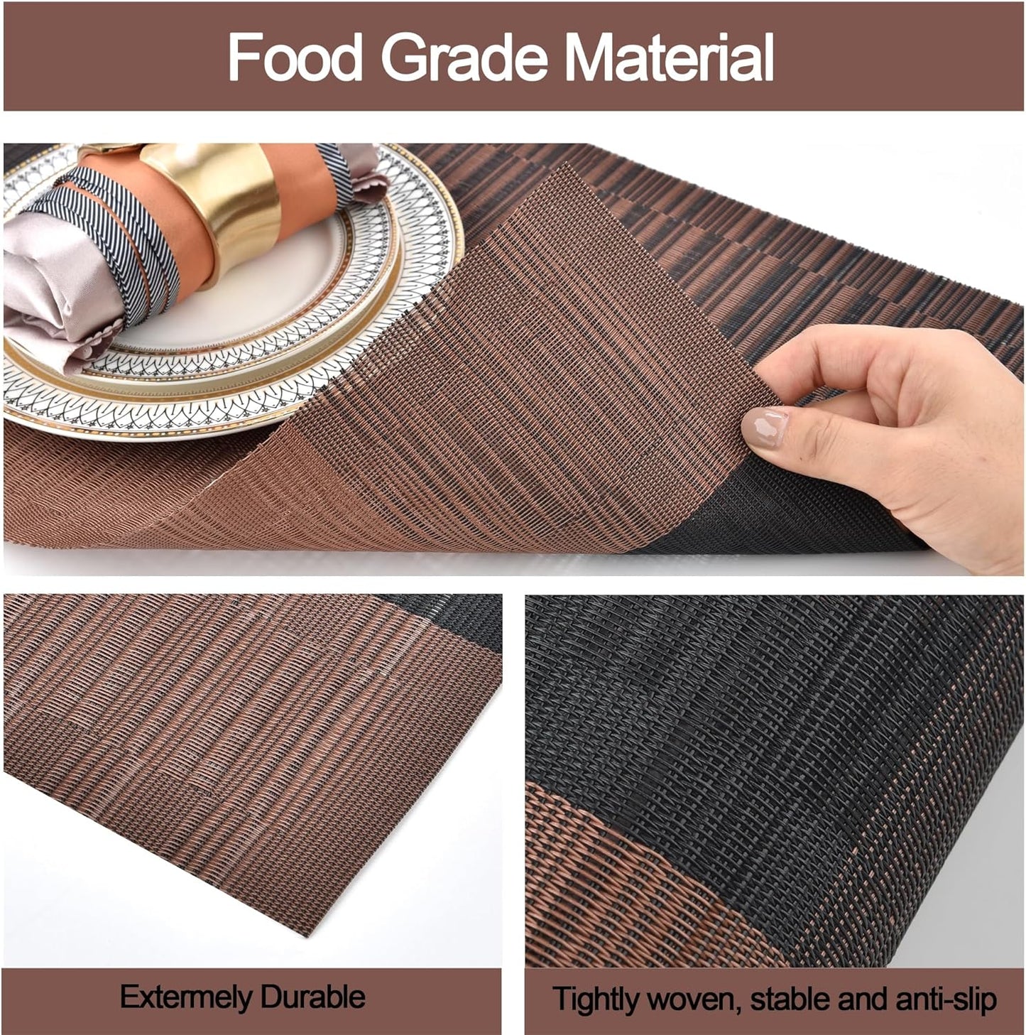 Brown Placemats Set of 4 - Easy Clean Modern Durable Washable Vinyl Place Mats - Heat Resistant Placemats for Kitchen Table - PVC Table Mats for Dining Table (Brown Black, 4)