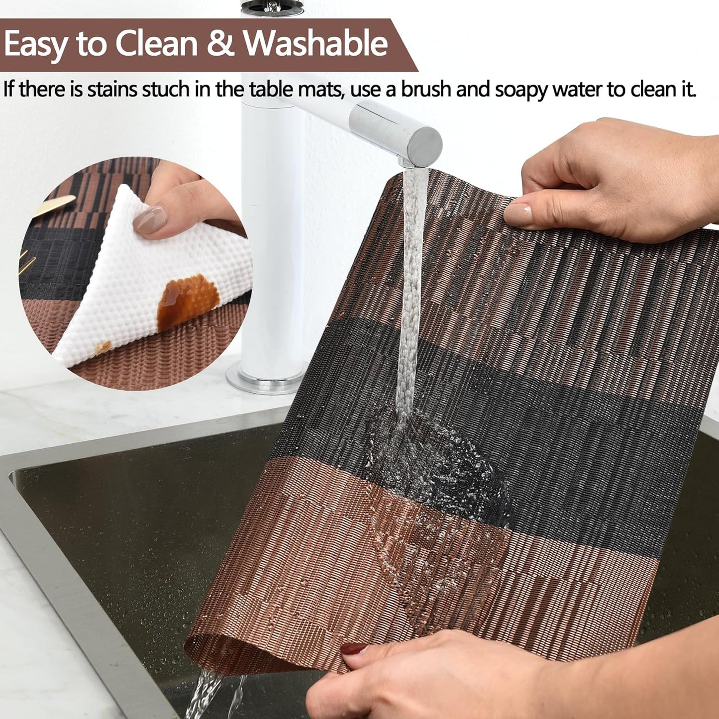 Brown Placemats Set of 4 - Easy Clean Modern Durable Washable Vinyl Place Mats - Heat Resistant Placemats for Kitchen Table - PVC Table Mats for Dining Table (Brown Black, 4)