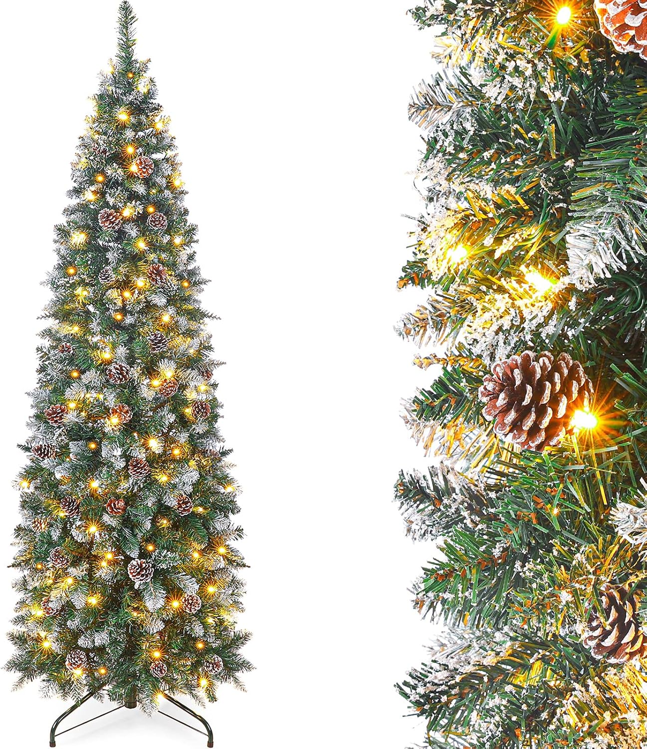 Homde Pencil Christmas Tree 6 Foot Pre-Lit Artificial Christmas Tree with Flocked Snow Pine Cone 160 Warm White Lights Holiday Decor
