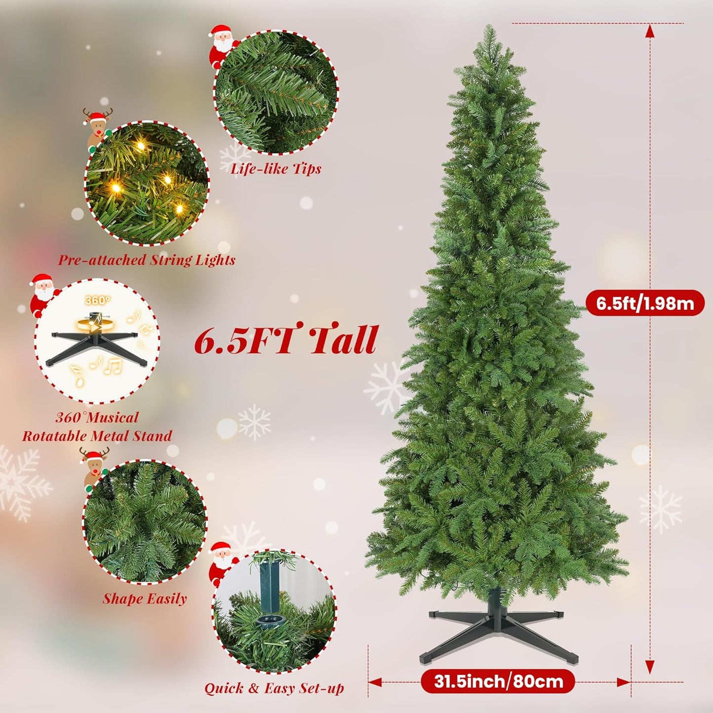 6.5ft Slim Pencil Christmas Tree Pre-lit, Remote Control, Rotating & Foldable Stand, RGB & Warm White Light for Home Decor