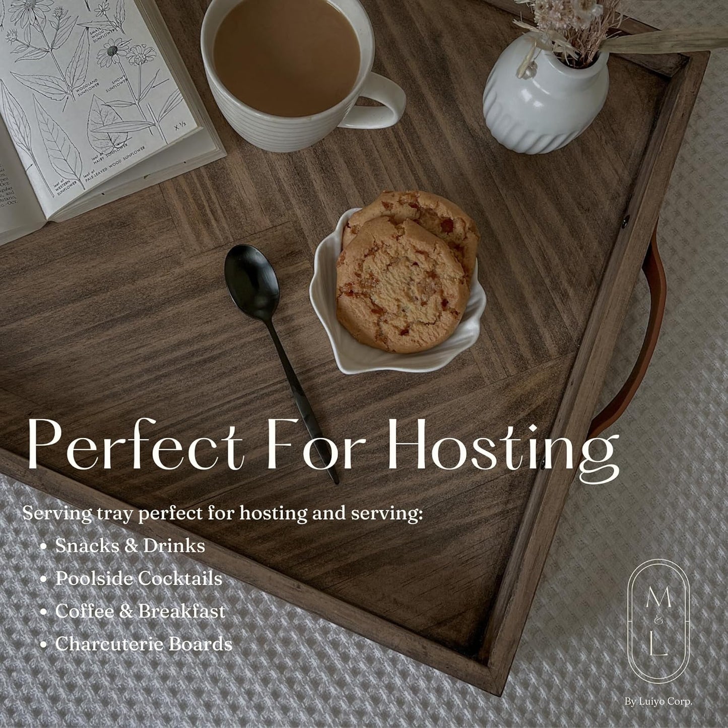 Medium Ottoman Wood Serving Tray- with Leather Handle Decorative Wooden 24 * 16 * 1.5 Inches Square Serving Tray Best for Coffee Table, Living Room and Kitchen