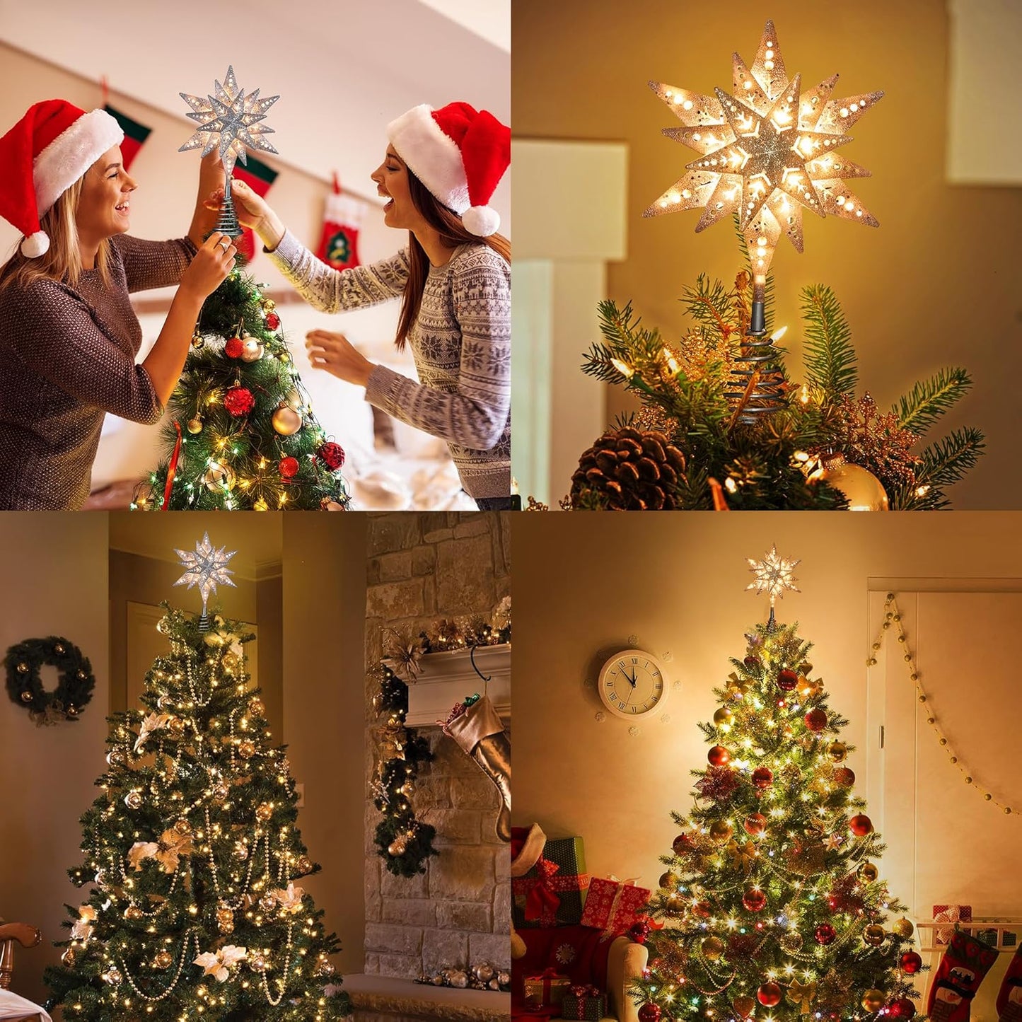 ODEETRONIC Silver Glittered Snowflake Tree Topper, 8 in 3D Christmas Tree Star Topper with 25 Clear Lights, 120V UL Certified Snowflake Tree Toppers, Warm Silver Tree Toppers for Xmas Tree Party Decor