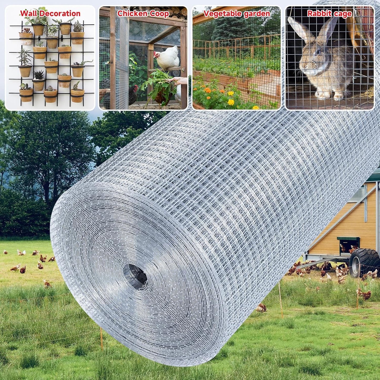 Hardware Cloth,1/2inch 48inx100ft 19 Gauge,Double-Layer Hot-Dip Galvanizing After Welding,Chicken Wire Fence Wire Mesh Fence Poultry Netting Garden Fence Tree Guard Rolls Chicken Coop Accessories