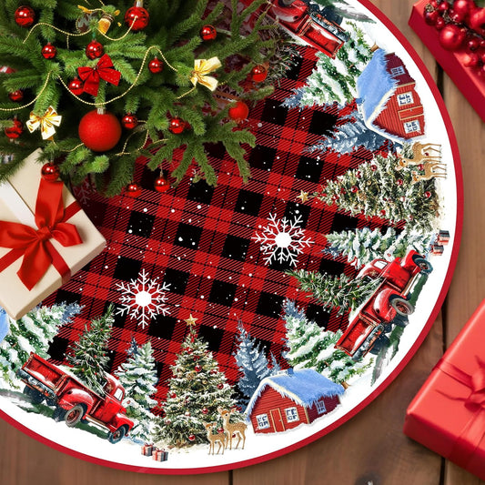 Christmas Tree Skirt 48 Inches Red Xmas Soft Cover Mat Decor Retro Xmas Tree Skirt for New Year Holiday Ornaments Indoor Outdoor Decorations (Buffalo Plaid)