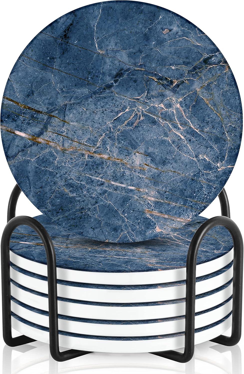 Emerson Coasters for Drinks Absorbent – Natural Stone Drink Coasters Set with Holder, Coasters for Coffee Table, Wooden Tabletop Protection Marble Style – 100% Heavy Duty Set of 6 (Ocean)