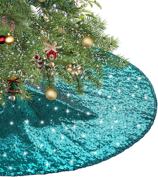 Eternal Beauty Christmas Tree Skirt, 50 Inch Teal Sequin Tree Skirt Small Xmas Tree Skirt for Christmas Tree Decorations