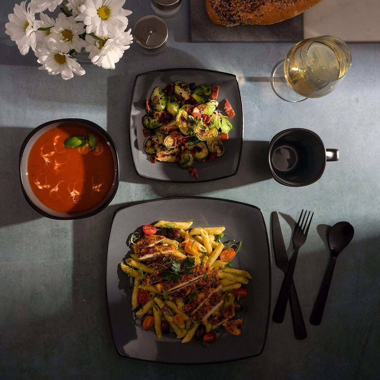 Gibson Elite Soho Lounge Square Reactive Glaze Stoneware Dinnerware Set, Service for 4 (16pc), Eclipse