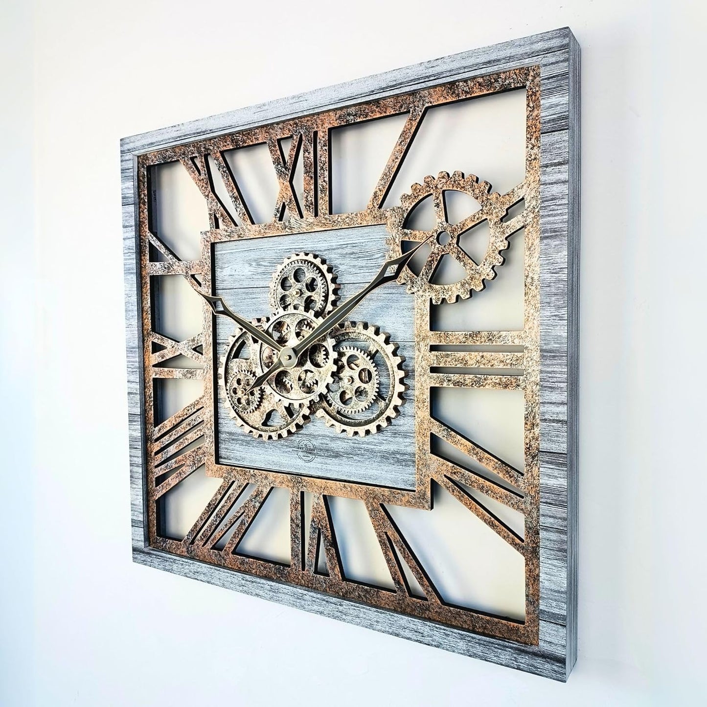 The Gears Clock 24'' Inch Square Real Moving Gear Wall Clock Vintage Industrial Oversized Rustic Farmhouse (Silver Grey)