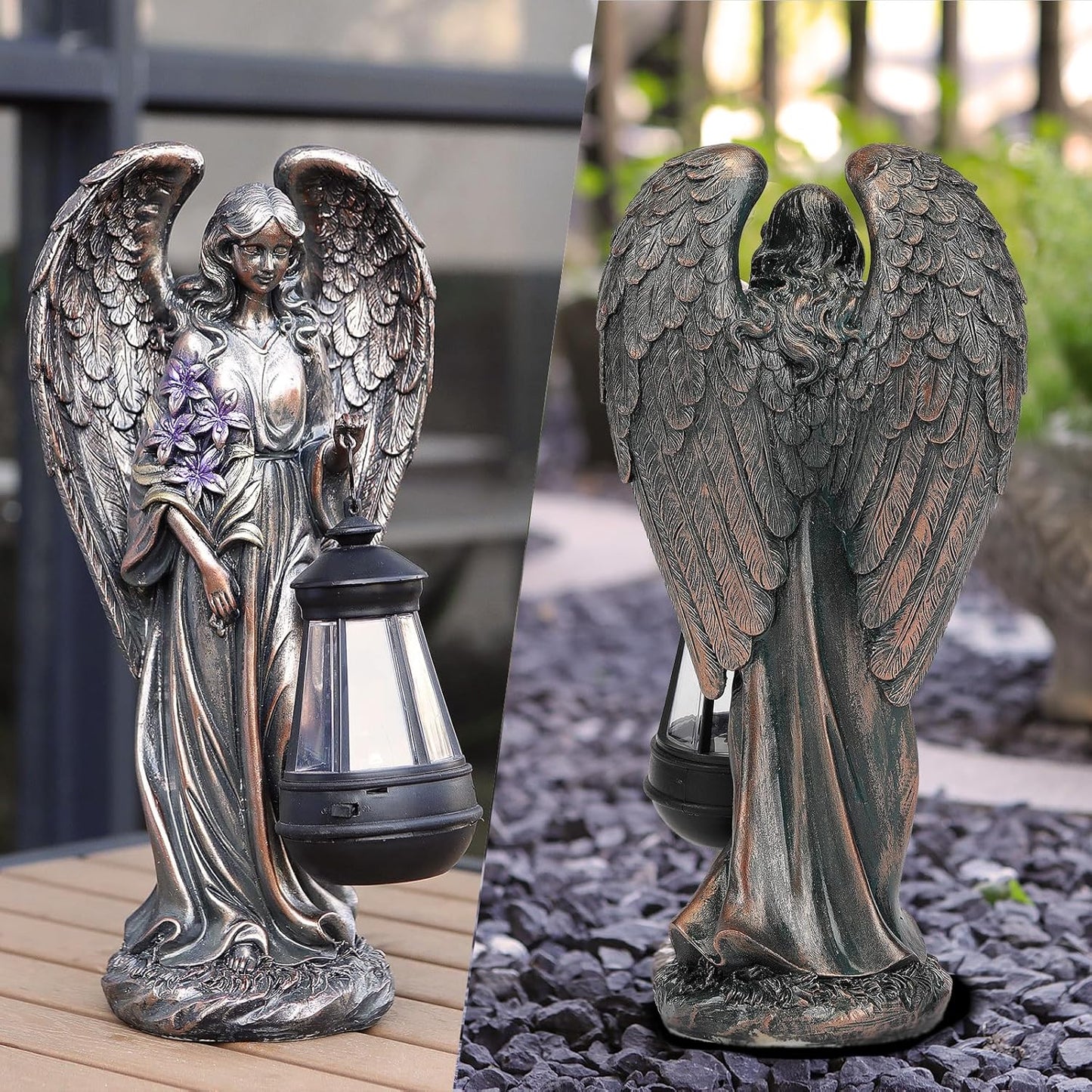 Solar Angel Outdoor Garden Decor Statues – 13.2 inches Solar Outdoor Sculptures for Outside Yard Art Patio Balcony Front Lawn Ornaments Gifts for Mom Grandma Women（Bronze）