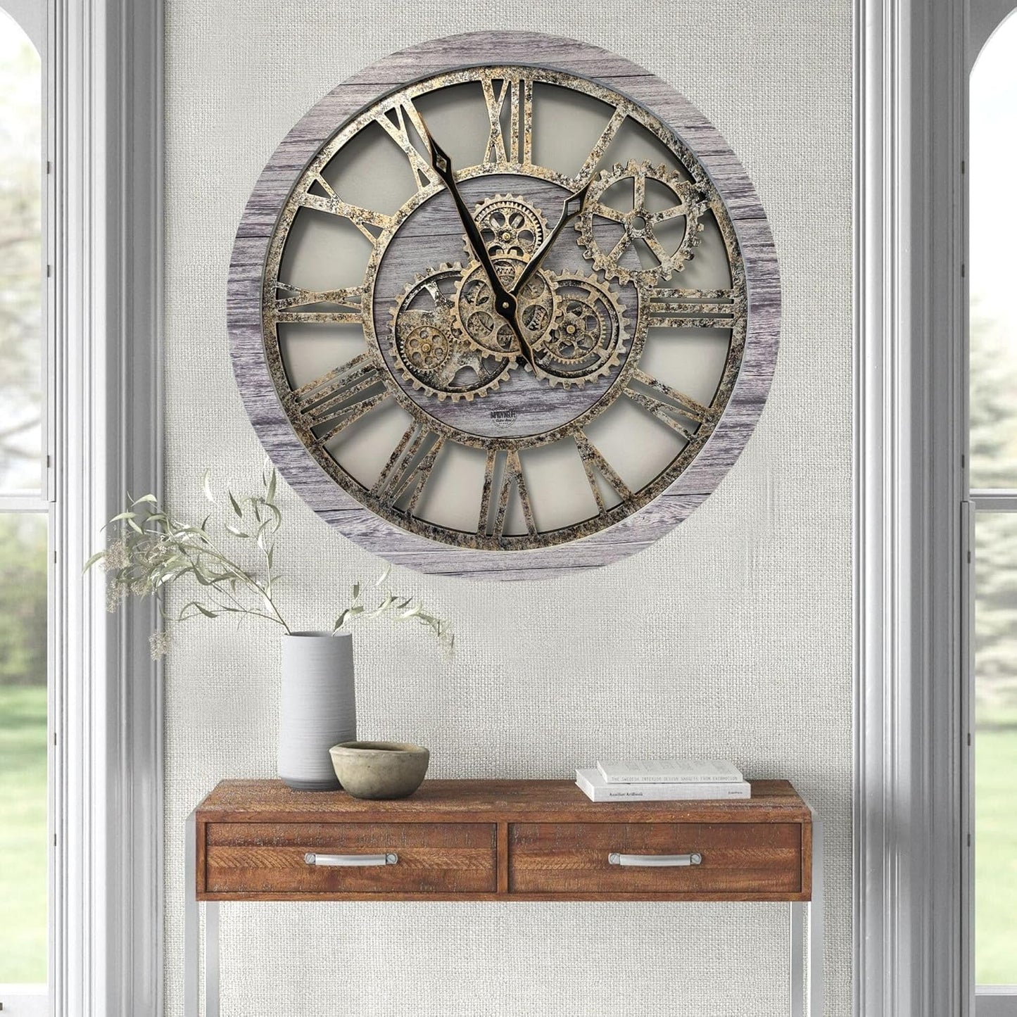 The Gears Clock The Original Real Moving Gear Wall Clock Vintage Industrial Oversized Rustic Farmhouse (24 inch (60cm),Silver Grey)