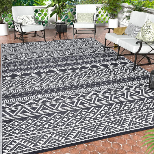 GAOMON Outdoor Rug Waterproof 8'x10', Reversible Outdoor Plastic Straw Rug, Boho Patio Rug, Indoor Outdoor Carpet, RV Mat Outside for Patio, Camp, Picnic, Balcony, Deck, Grey/White(Bohemia)