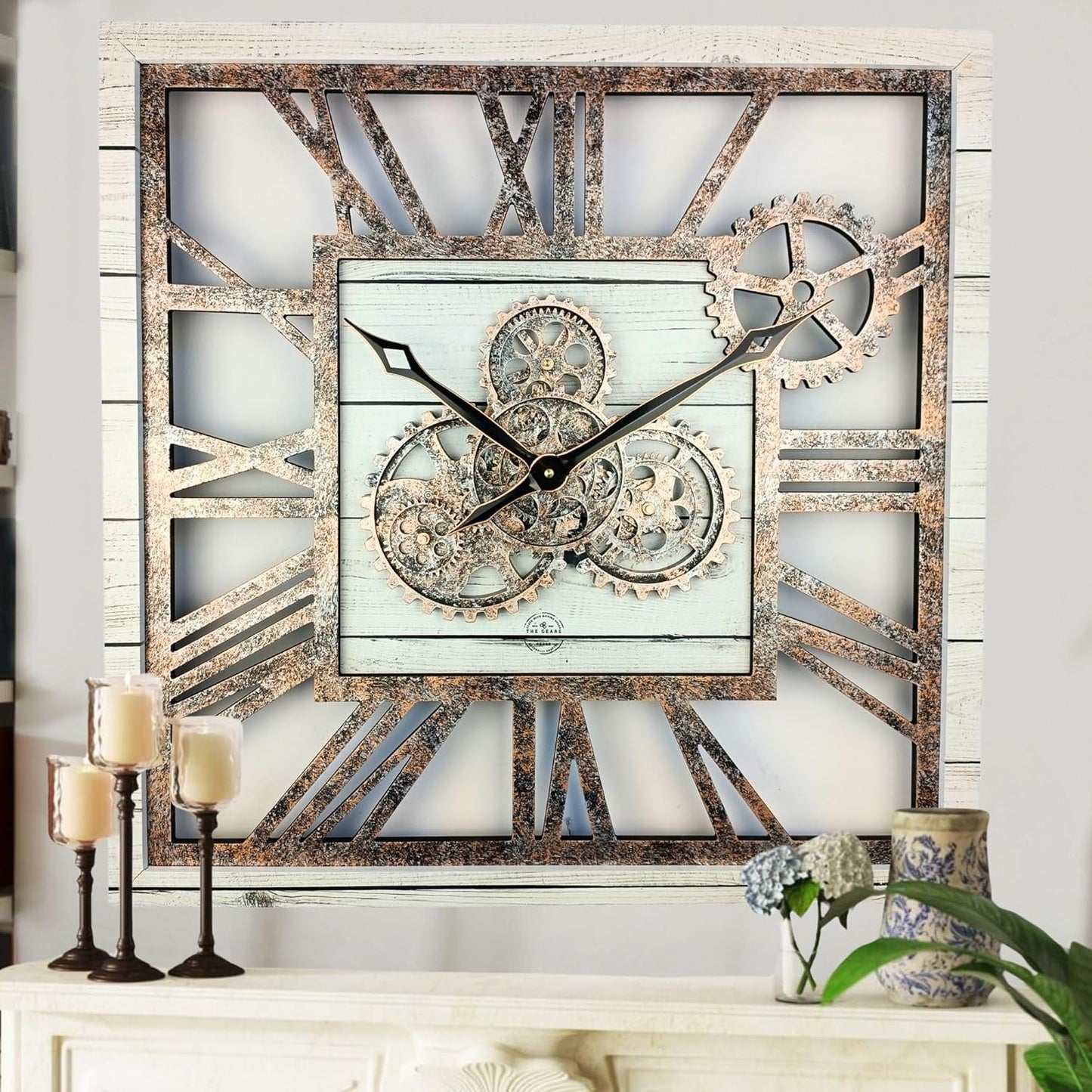 The Gears Clock 24'' Inch Square Real Moving Gear Wall Clock Vintage Industrial Oversized Rustic Farmhouse (White Farmhouse)