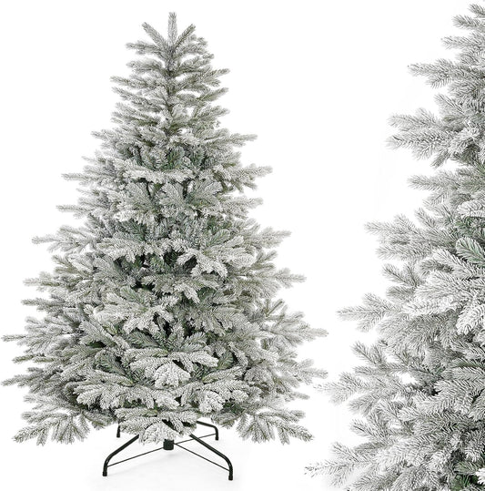 Decoway 5ft Artificial Christmas Tree, Unlit Snow Flocked Xmas Tree with 1081 Branch Tips and Sturdy Metal Stand for Indoor Outdoor Home Decoration