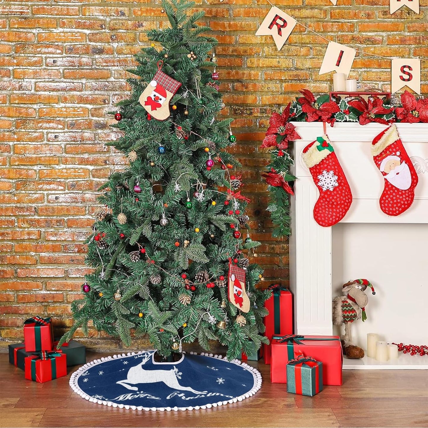 48 Inch Christmas Tree Skirt, Burlap Blue Christmas Rustic Tree Skirt with Elk Deer and White Snowflake Printed for Holiday Party Xmas Tree Decoration