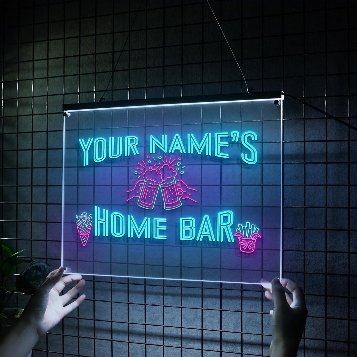 Personalized Home Bar Neon Sign LED Light Up Bar Wall Decor with Beer Mugs and Snacks Icons for Home Pub Kitchen Lounge Man Cave Party Room Custom Name Gift