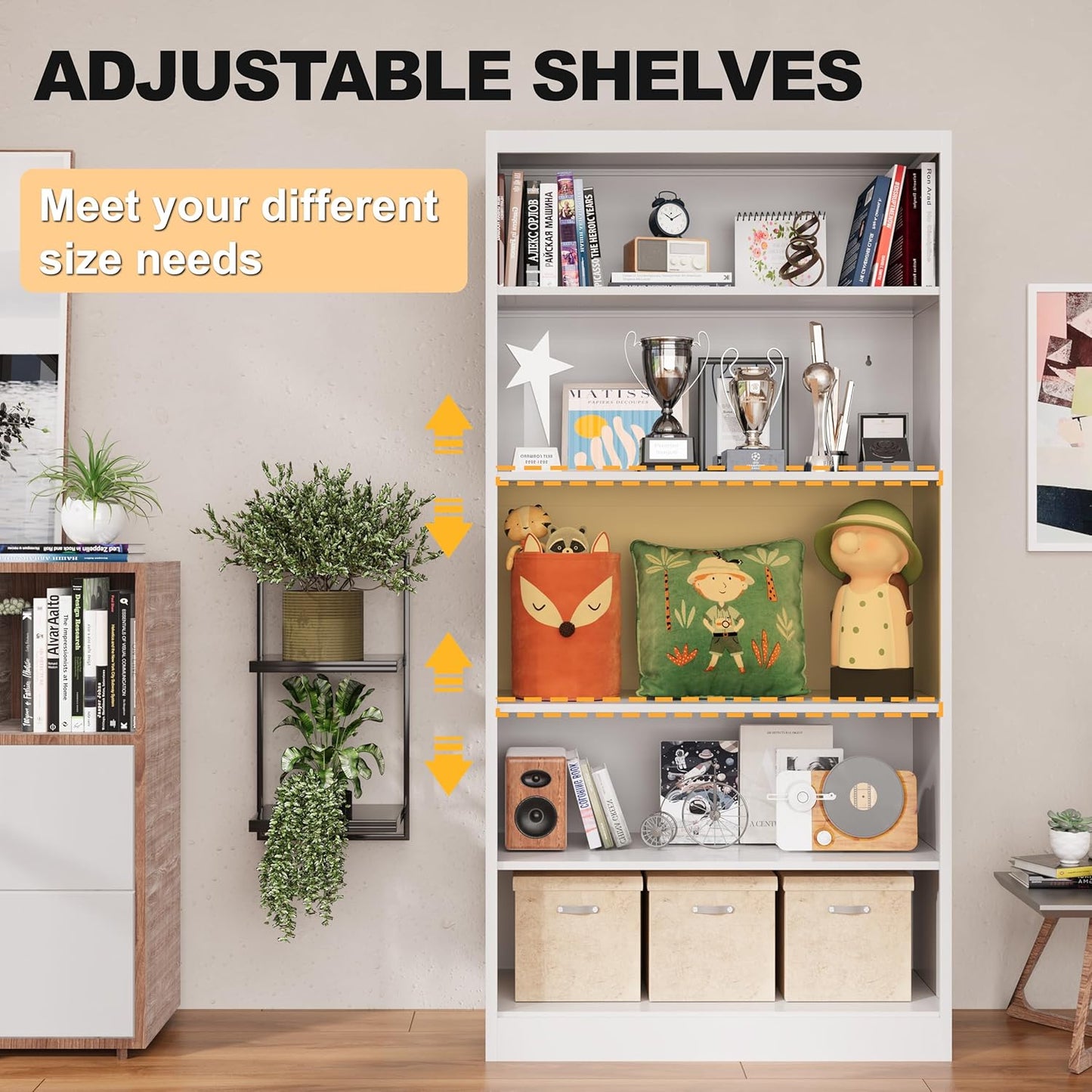 66" Tall Metal Bookcase, 5 Shelf White Bookcase with Adjustable Shelves, Large Bookshelves and Bookcases, Modern Book Shelf Storage Organizer for Living Room, Home Office, Library