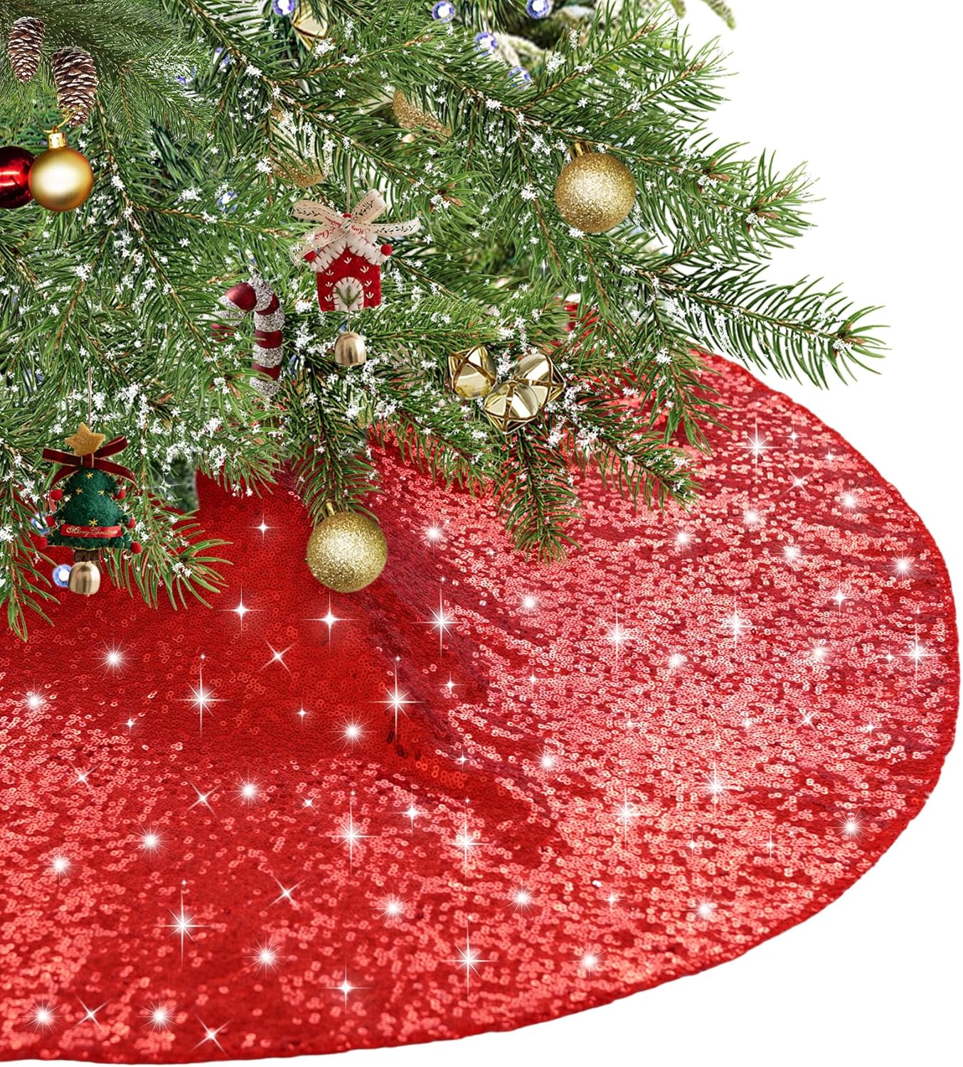 Eternal Beauty Christmas Tree Skirt, 70 Inch Red Sequin Tree Skirt Small Xmas Tree Skirt for Christmas Tree Decorations